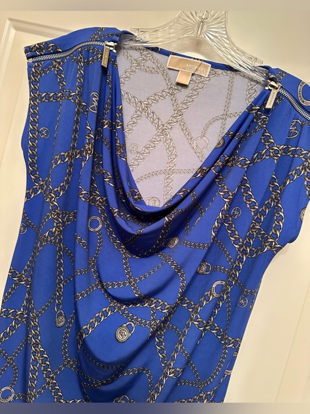 Michael Kors Blue Chain Print Cowl Neck Top - Cap Sleeve - Silver Zip Size S - Picture 4 of 8
